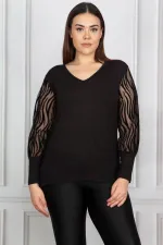 Kadın Büyük Beden Siyah Kolu Flok Tül Bluz 65N17976