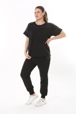 Kadın Büyük Beden Saks Taş Detaylı Kısa Kollu Sweatshirt Pantolon Takım 65N37702