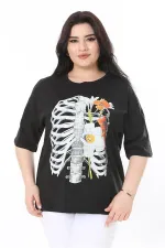 Kadın Büyük Beden Siyah Pamuk Kumaş Ön Baskılı Kısa Kollu Bluz 65N38009