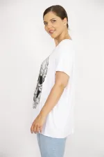 Kadın Büyük Beden Beyaz Taş İşli Bisiklet Yakalı Likralı Bluz