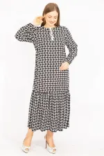 Kadın Siyah Dokuma Viskon Kumaş Etek Ucu Katlı Uzun Kollu Elbise 65N35513