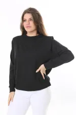 Women's Plus Size Black Shoulder Detailed Front Printed Sweatshirt 65N38050