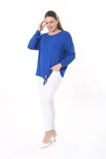 Kadın Büyük Beden Saks Önden Bağlamalı Uzun Kollu Bluz 65N37695