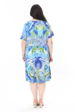 Kadın Büyük Beden Renkli V Yakalı Bel Büzgülü Desenli Elbise 65N37984