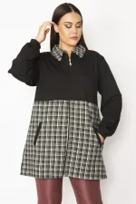 Kadın Bej Ekose Desen Detaylı Fermuarlı Cepli Mont 65N29569