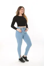 Kadın Büyük Beden Mavi Yüksek Bel Yırtmaçlı Dar Paça Likralı Kot Pantolon 65N37606