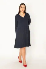Kadın Lacivert V Yakalı Uzun Kollu Elbise 65N34945