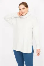 Kadın Gri Büyük Beden Boğazlı Yaka Yumoş Kumaş Kendinden Çizgili Tunik