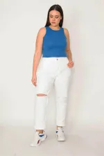 Kadın Büyük Beden Beyaz Yırtık Detaylı Likrasız Kot Pantolon 65N36836