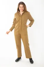 Women's Khaki Front Hidden Snap Button Pocket Denim Overalls 65N37370
