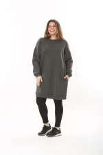 Kadın Büyük Beden Füme İçi Şardonlu 3 İplik Yan Cepli Uzun Sweatshirt 65N37494