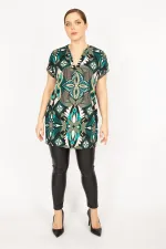 Kadın Yeşil Büyük Beden V Yaka Yan Cepli Düşük Kollu Tunik