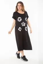Kadın Büyük Beden Siyah Lame Baskılı Elbise