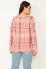 KADIN KIRMIZI ÖN FERMUARLI EKOSE DESEN ASTARSIZ CEKET