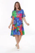 Kadın Büyük Beden Mavi Dokuma Viskon Kumaş Kısa Kollu Katlı Elbise 65N37762