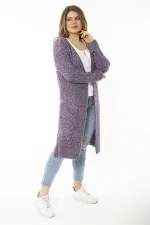 Kadın Büyük Beden Mor Yırtmaçlı Kalın Triko Uzun Hırka 65N37166