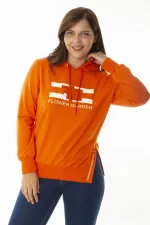 Women's Plus Size Orange Stone and Print Detailed Hooded Side Slit Sweatshirt 65N36867