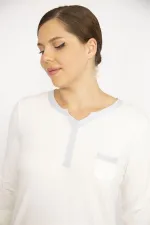 Kadın Büyük Beden Beyaz Sim Detaylı Öpücük Yakalı Kapri Kollu Bluz