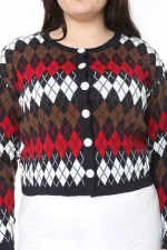 Kadın Büyük Beden Lacivert Baklava Desen Ön Düğmeli Triko Hırka 65N38863