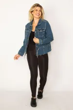 Kadın Lacivert Bel Bağcık Detaylı Etek Ucu Pis Dikişli Likralı Kot Mont 65N34312