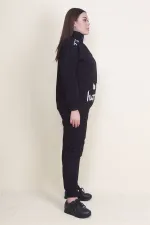 Kadın Gri Pat Fermuar Detaylı Şardonlu Baskılı Eşofman Takım 65N21019