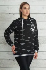 Women's Black Hooded Sweatshirt with Glittery Ribbed Hem and Cuffs 65N20362