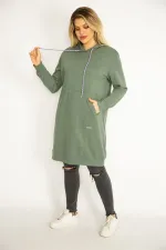Women's Green Hooded Kangaroo Pocket Long Sweatshirt 65N35070