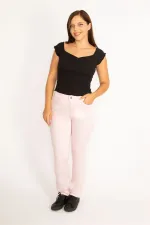Kadın Pembe Likralı Gabardin Kumaş Yan Kemer Lastikli 5 Cepli Pantolon 65N34542