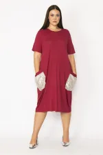 Kadın Bordo Cebi Payet Detaylı Viskon Elbise 65N28931