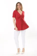 Kadın Büyük Beden Bordo Göğüs Büzgü Detaylı V Yakalı Kısa Kollu Bluz 65N37581