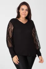 Kadın Siyah Kollari Tül Flok Bluz 65N12468