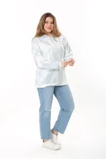 Women's Plus Size Green Batik Patterned Hooded Sweatshirt 65N37521