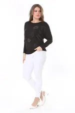 Kadın Büyük Beden Siyah Taş Detaylı Yarasa Kol Bluz 65N37805
