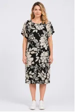 Kadın Büyük Beden Siyah, Çiçek Desenli Cepli Viskon Elbise 65N39471