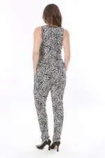 Kadın Büyük Beden Siyah Anvelop Yakalı Desenli Tulum 65N37775