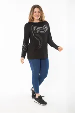Kadın Büyük Beden Siyah Kol Ve Önü Taş Detaylı Bluz 65N37325