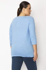 Kadın Mavi Etek Ucu Lastik Detaylı Kapri Kol İnce Çizgili Bluz 65N34394