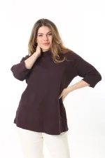 Kadın Büyük Beden Mürdüm Sıfır Yakalı Kendinden Desenli Kapri Kollu Tunik 65N37495