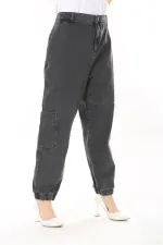 Kadın Büyük Beden Füme Kargo Cepli Paçası Lastik Detaylı Kot Pantolon 65N38028