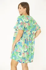 Kadın Büyük Beden Yeşil Bisiklet Yakalı Belden Büzgü Ve Kolları Volan Detaylı Tunik Elbise 65N36881