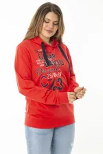 Women's Plus Size Red Double-Thread Front Printed Hooded Sweatshirt 65N37161