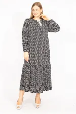 Kadın Siyah Dokuma Viskon Kumaş Etek Ucu Katlı Uzun Kollu Elbise 65N35511