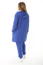 Kadın Büyük Beden Gri Baskı Ve Fermuar Detaylı Kapşonlu Sweatshirt Pantolon Takım 65N37128