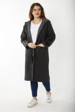 Kadın Büyük Beden Füme Ön Fermuarlı Kapşonlu Astarsız Suni Deri Garnili Kaban 65N37179