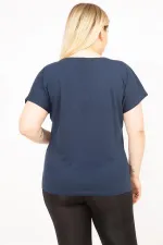 Kadın Lacivert Büyük Beden Pamuklu Kumaş Ön Desenli Bluz 65N35767