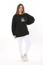 Kadın Büyük Beden Siyah Pamuk Kumaş Nakışlı Sweatshirt 65N37617