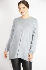 Kadın Gri Büyük Beden Bisiklet Yakalı Uzun Kollu Likralı Tunik