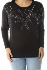 Kadın Büyük Beden Siyah Taş Detaylı Yarasa Kol Bluz 65N36862