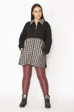 Kadın Bej Ekose Desen Detaylı Fermuarlı Cepli Mont 65N29569