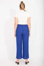 Kadın Saks Krep Şifon Kumaş Astarsız Beli Lastikli Pantolon 65N35555